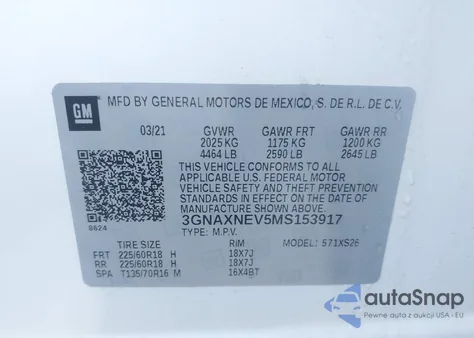 2021 Chevrolet Equinox Fwd Premier из США, поврежденный, VIN 3GNAXNEV5MS153917